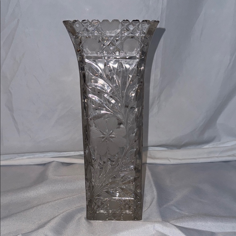 Antique MCKEE Floral Crystal Heavy Glass Vase with Etched Flowers and Leaves